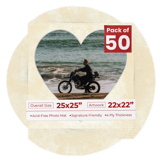 Earthen Off White Mat Board for 25x25 Frames - Heart Opening for 22x22 Photos - 50 Mats
